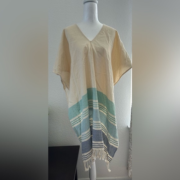 TRIBE ALIVE Beige V-Neck Poncho with Striped Hem SIZE ONE - Picture 2 of 7